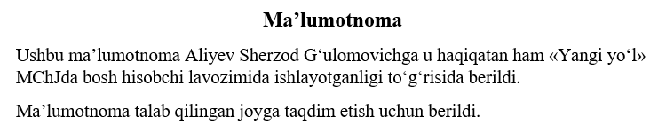 Lotin yozuvidagi ma’lumotnoma: «Ma’lumotnoma» sarlavhasi va ikki xat boshi