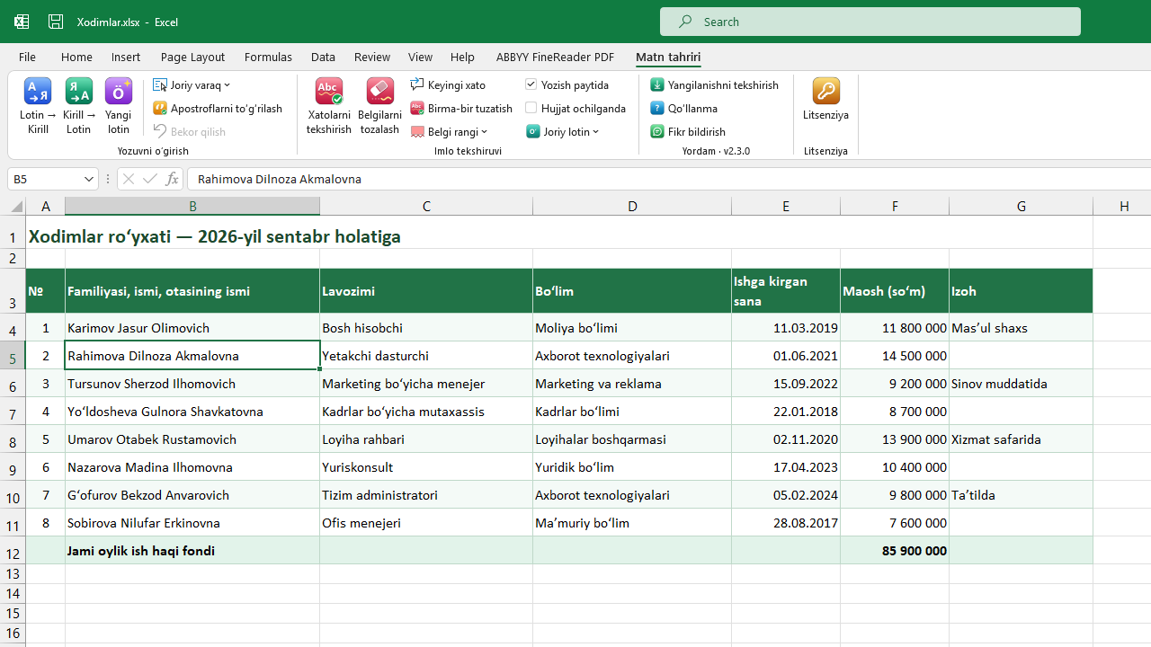Excel’dagi “Xodimlar ro‘yxati” jadvali lotin yozuvida: F.I.Sh., lavozim, bo‘lim, sana va maosh ustunlari