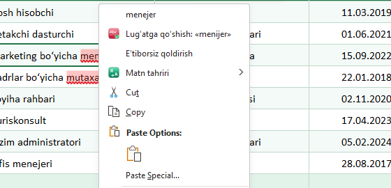 “menijer” so‘zi ustidagi o‘ng tugma menyusi: “menejer” taklifi, “Lug‘atga qo‘shish”, “E’tiborsiz qoldirish” va “Matn tahriri” bandlari