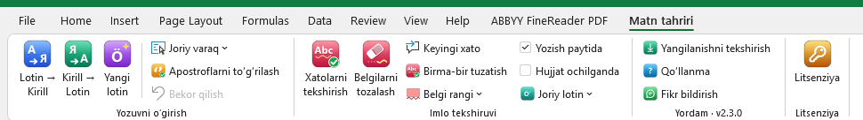 Excel lentasidagi “Matn tahriri” yorlig‘i: Yozuvni o‘girish, Imlo tekshiruvi, Yordam va Litsenziya guruhlari
