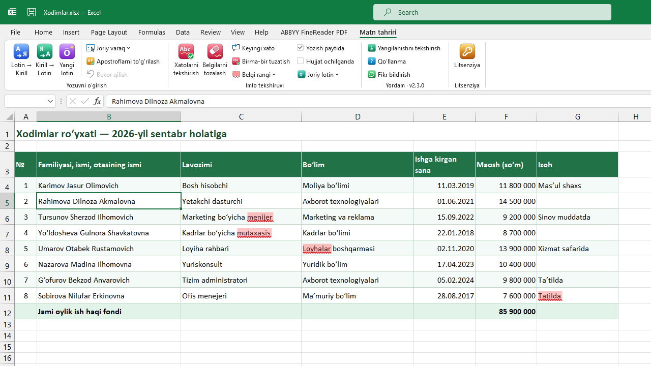 Excel kataklaridagi xato so‘zlar (menijer, mutaxasis, Loyhalar, Tatilda) rangli fon va to‘lqinli chiziq bilan belgilangan