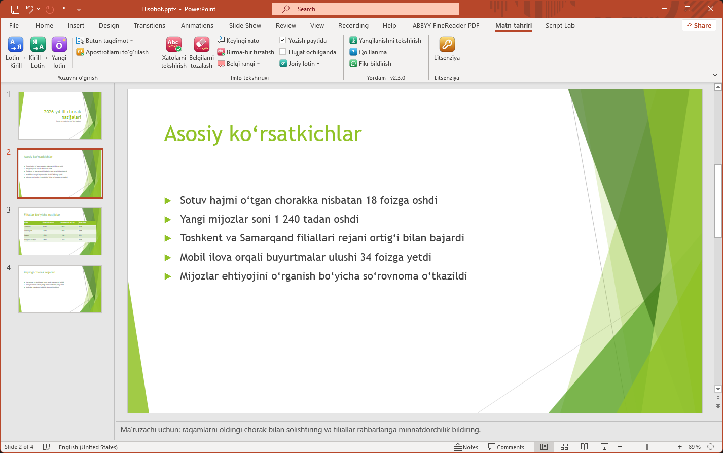 PowerPoint’dagi “Asosiy ko‘rsatkichlar” slaydi lotin yozuvida: sarlavha va besh bandli ro‘yxat