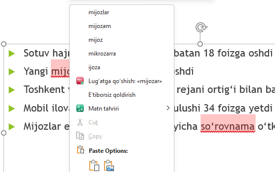 “mijozar” so‘zi ustidagi o‘ng tugma menyusi: mijozlar, mijozam, mijoz takliflari, “Lug‘atga qo‘shish” va “E’tiborsiz qoldirish”