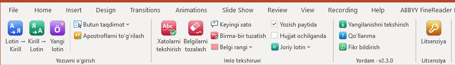 PowerPoint lentasidagi “Matn tahriri” yorlig‘i: Yozuvni o‘girish, Imlo tekshiruvi, Yordam va Litsenziya guruhlari
