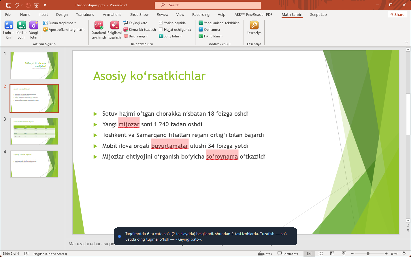 PowerPoint slaydidagi xato so‘zlar (mijozar, buyurtamalar, so‘rovnama) rangli fon va to‘lqinli chiziq bilan belgilangan
